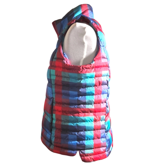 Lands' End Turquoise, Blue & Red Plaid Full Zip Down Puffer Vest Size L(14-16) - Picture 5 of 12